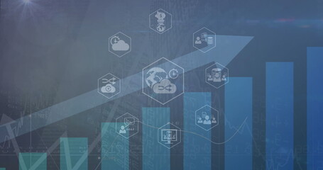 Image of icons in hexagons over arrow and bar graph against abstract background