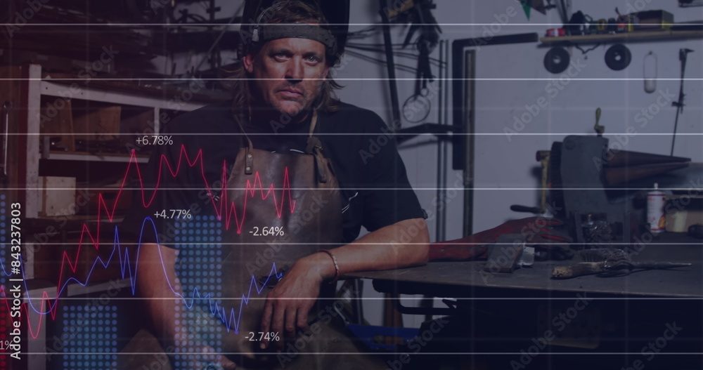 Poster image of statistical data processing over caucasian male worker at workshop