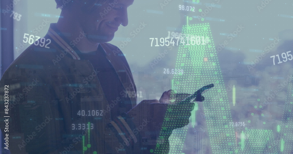 Poster image of financial data processing over caucasian man using smartphone near office window