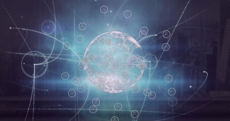 Image of digital icons over spinning globe and light spot against blue background