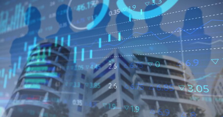 Image of stock market data processing over silhouettes of businesspeople against tall buildings