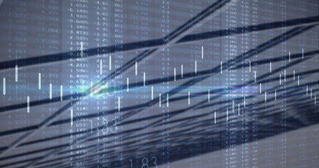 Image of data processing against close up of a tall building