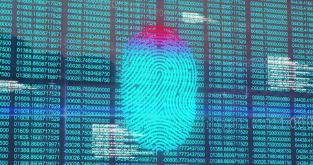 Image of biometric fingerprint scanner and data processing against blue background