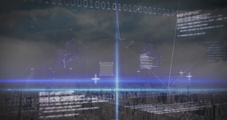 Image of network of connections and qr code scanner against aerial view of cityscape