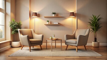 Empty psychotherapy office with two chairs positioned for conversational intimacy, warm lighting, and calming beige tones evoke a sense of comfort and vulnerability.