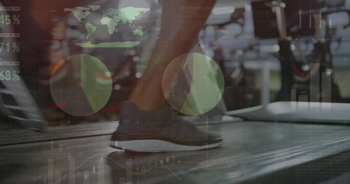 Image of statistical data processing over low section of woman running on treadmill at the gym