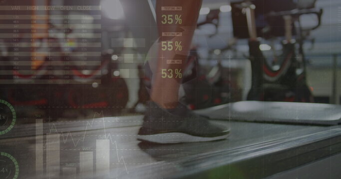 Image of statistical data processing over low section of woman running on treadmill at the gym