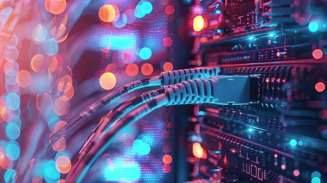 Close up of network cables with a fiber optical background, technology and futuristic concept. Safer internet day.