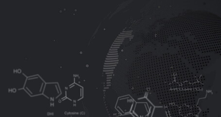 Image of molecule structures, computer language over dots on globe against abstract background