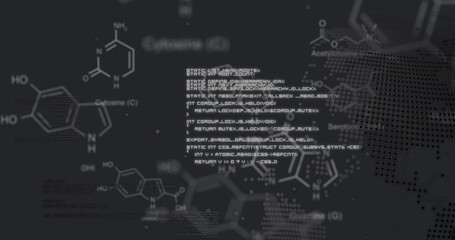 Image of molecule structures, computer language over dots on globe against abstract background