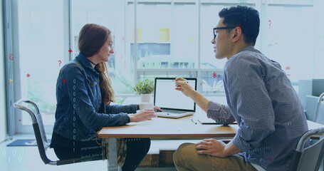 Obraz premium Image of financial data processing over diverse business people working in office