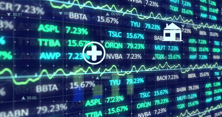 Obraz premium Image of multiple icons over trading board against graphs on abstract background