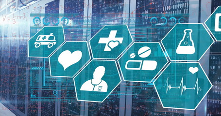 Image of data processing with medical icons over server room