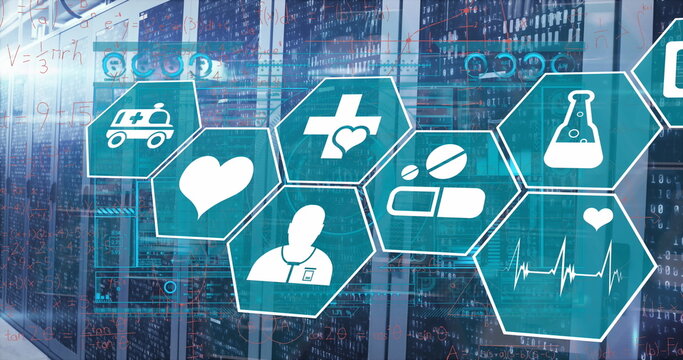 Image of data processing with medical icons over server room