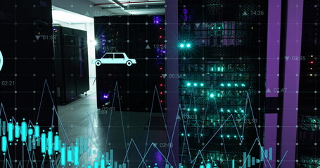 Image of icons and financial data processing over computer servers