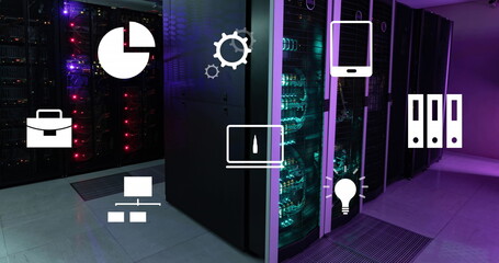 Image of digital icons and data processing over computer servers