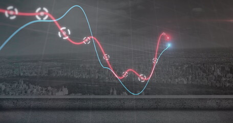 Image of financial data processing over cityscape