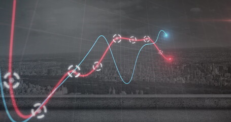 Image of financial data processing over cityscape