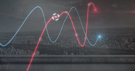 Image of financial data processing over cityscape