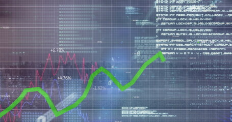 Image of statistical data processing over grid network against aerial view of cityscape