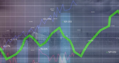 Image of statistical data processing over grid network against aerial view of cityscape