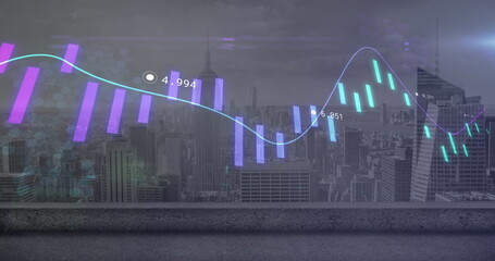Image of financial data processing over cityscape