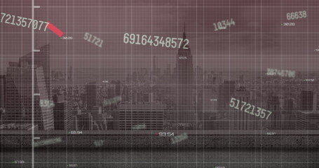Image of changing numbers floating over data processing against aerial view of cityscape
