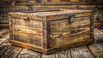 Obraz premium Weathered, rustic, empty wooden box with pronounced texture of aged wood, showcasing natural grain patterns and fine cracks, evoking nostalgia and rural charm.
