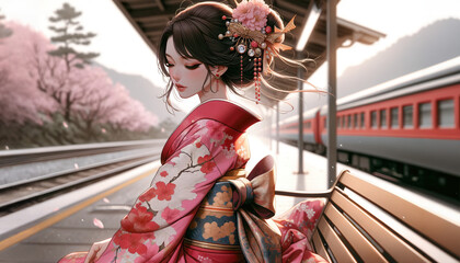 Fototapeta premium 日本画（Japanese painting）／美人画 美女 着物 anime イラスト 桜