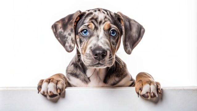Adorable catahoula lab mix puppy with unique merle coat sits with paws elegantly placed on a blank white sign, awaiting a caption or message.