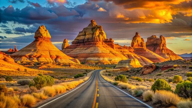 Vibrant orange and yellow hues of sandstone formations, church rock, dominate the desert landscape alongside route 66, a nostalgic stretch of american highway.