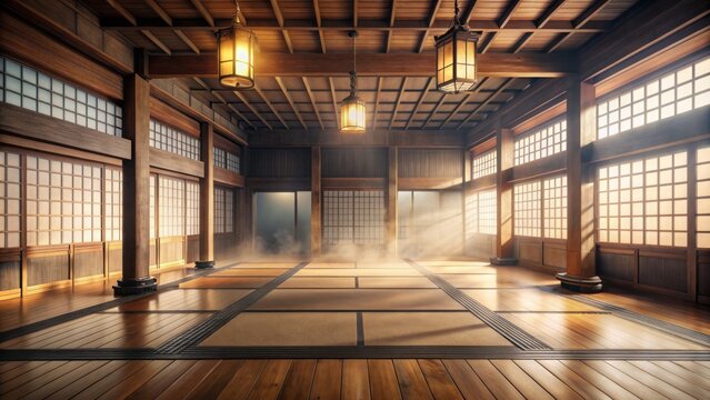 Serenene traditional japanese style dojo or karate school surrounded by misty haze evoking sense of mystique and tranquility with rustic wooden accents and subtle lighting.