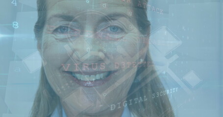 Image of data processing over smiling caucasian female doctor