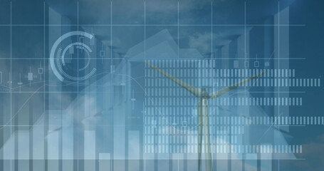 Image of financial data and graphs over landscape with wind turbines, copy space