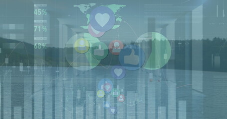 Image of financial data, graphs and social media reactions over landscape, copy space