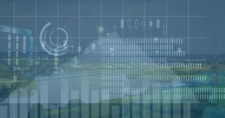 Fototapeta premium Image of financial data and graphs over road traffic, copy space