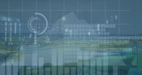 Image of financial data and graphs over road traffic, copy space