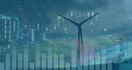 Image of financial data and graphs over wind turbines and road traffic, copy space