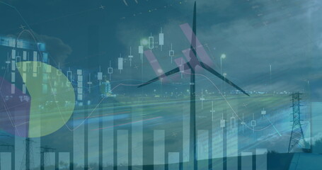 Image of financial data and graphs over wind turbines and road traffic, copy space