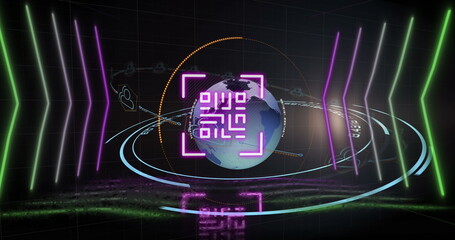 Image of qr code over geometrical shapes and globe, copy space