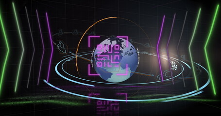 Image of qr code over geometrical shapes and globe, copy space
