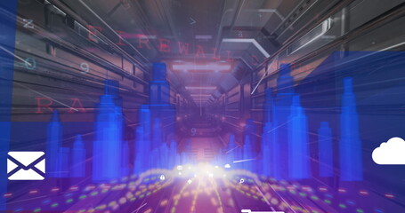 Image of qr code over geometrical digital cityscape, copy space