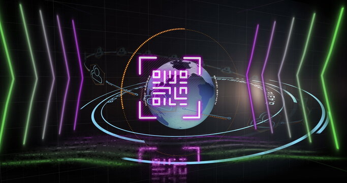 Image of qr code over geometrical shapes and globe, copy space - Powered by Adobe