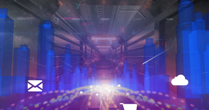 Image of qr code over geometrical digital cityscape, copy space