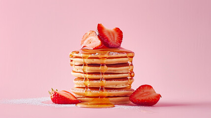 Delicious pancakes with strawberries and honey on pastel pink background