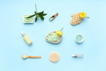 Composition with natural body scrub and bath supplies on color background