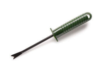 Weeder on white background. Gardening tools. Top view