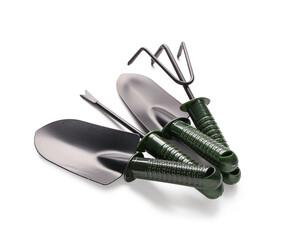 Gardening supplies on white background