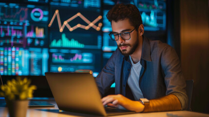 a male data scientist working on laptop in modern office 