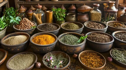 Fototapeta premium A selection of dried and fresh herbs and spices displayed on a table